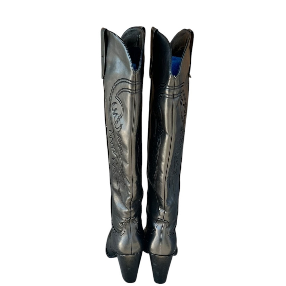 Boutique 10 Black Faux Leather Knee High Cowboy Boots Cowgirl Western Festival - Picture 3 of 10